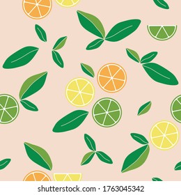 Vector seamless pattern. Repeating tiles from lemon, orange and lime slices with green leaves. Citrus fruits. Raw and vegetarian food.