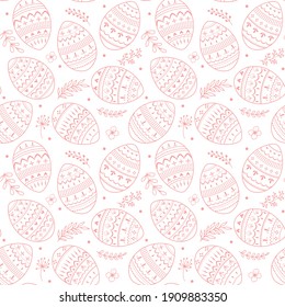 Vector seamless pattern. The repetition of Easter eggs. Simple graphic design. Pink patterns on a white background.