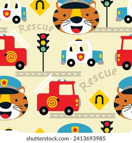 Vector seamless pattern of rescue vehicles with funny tiger cop