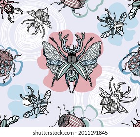 Vector seamless pattern of retro beetles. Flying, crawling, insects sitting on flowers on a gentle background. Design for printing on textiles, packaging, paper, wallpaper. 