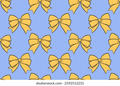 Vector seamless pattern with retro bows. Yellow blue bow doodle pattern. Hand drawn trendy flat style for surface pattern design. Vector illustration