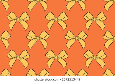 Vector seamless pattern with retro bows. Yellow orange bow doodle pattern. Hand drawn trendy flat style for surface pattern design. Vector illustration