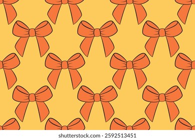 Vector seamless pattern with retro bows. Yellow orange bow doodle pattern. Hand drawn trendy flat style for surface pattern design. Vector illustration