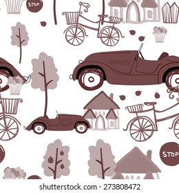 Vector seamless pattern with retro car and bicycle