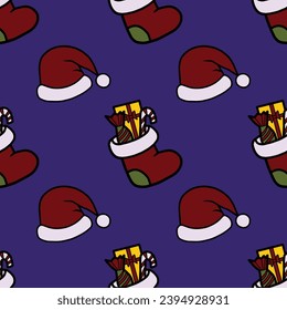 Vector seamless pattern with retro cartoon style Christmas and New Year elements. Background, wallpaper, textile or paper print.
