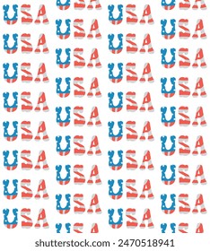 Vector seamless pattern of retro cartoon groovy USA lettering with flag isolated on white background