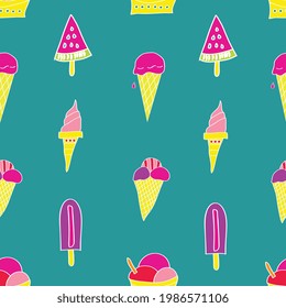 Vector seamless pattern in retro colors with icecreams.