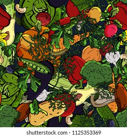 Vector seamless pattern retro drawing of vegetables. Can be used for web page background, fills drawings, wallpapers, surface textures.