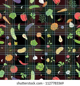 Vector seamless pattern retro drawing of vegetables. Can be used for web page background, fills drawings, wallpapers, surface textures.