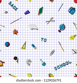 Vector seamless pattern retro drawing of different school objects. Theme back to school. Can be used for the background of a web page, fills drawings, wallpapers, surface textures.