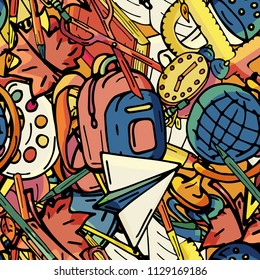 Vector seamless pattern retro drawing of different school objects. Theme back to school. Can be used for the background of a web page, fills drawings, wallpapers, surface textures.