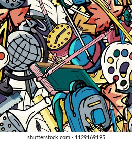 Vector seamless pattern retro drawing of different school objects. Theme back to school. Can be used for the background of a web page, fills drawings, wallpapers, surface textures.
