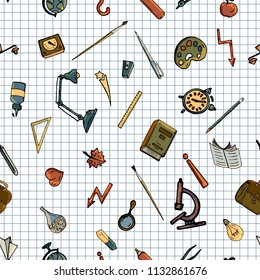 Vector seamless pattern retro drawing of different school objects. Theme back to school. Can be used for the background of a web page, fills drawings, wallpapers, surface textures.