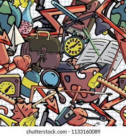 Vector seamless pattern retro drawing of different school objects. Theme back to school. Can be used for the background of a web page, fills drawings, wallpapers, surface textures.