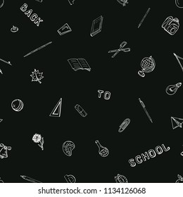 Vector seamless pattern retro drawing of different school objects. Theme back to school. Can be used for the background of a web page, fills drawings, wallpapers, surface textures.