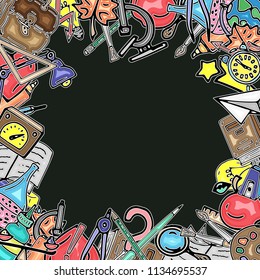 Vector seamless pattern retro drawing of different school objects. Theme back to school. Can be used for the background of a web page, fills drawings, wallpapers, surface textures.