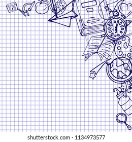 Vector seamless pattern retro drawing of different school objects. Theme back to school. Can be used for the background of a web page, fills drawings, wallpapers, surface textures.