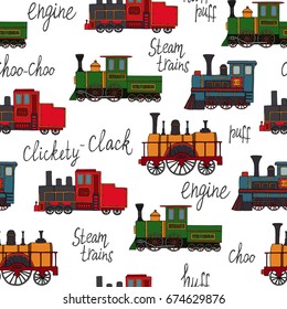 Vector seamless pattern of retro engines. Vector repeat background of vintage trains isolated on white background. Cartoon style endless illustration of old trains  for children.