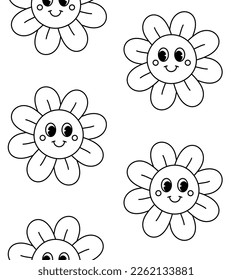 Vector seamless pattern of retro groovy outline heart with face isolated on white background