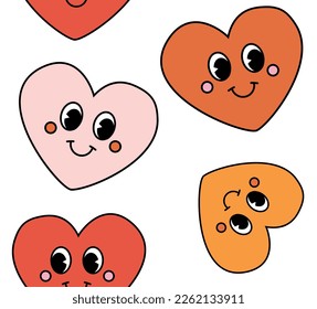 Vector seamless pattern of retro groovy hearts with face isolated on white background