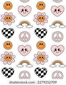 Vector seamless pattern of retro groovy elements isolated on white background