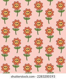 Vector seamless pattern of retro groovy flower with face isolated on pink background