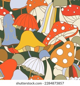 Vector seamless pattern in retro groovy style. Fun mushrooms: toadstool and agarics in bright colors on green backdrop perfect for scrapbooking, textile, wrapping paper and stationery for kids and