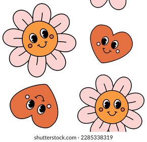 Vector seamless pattern of retro groovy flowers and hearts isolated on white background