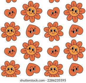Vector seamless pattern of retro groovy flowers and hearts isolated on white background
