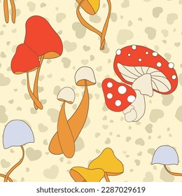 Vector seamless pattern in retro groovy style. Romantic and cute mushroom love couples: toadstool and agarics in bright colors on light yellow background with beige hearts