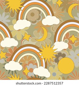 Vector seamless pattern in retro groovy style. Cute rainbow, sun and flowers in muted green colors perfect for scrapbooking, textile, wrapping paper and stationery for kids and adults