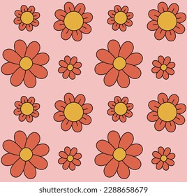 Vector seamless pattern of retro groovy flowers isolated on pink background