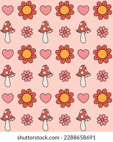 Vector seamless pattern of retro groovy flowers and mushrooms isolated on pink background