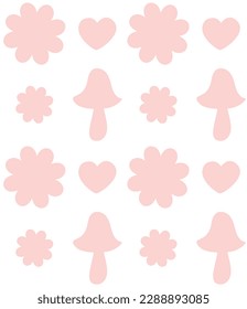 Vector seamless pattern of retro groovy flowers and mushrooms silhouette isolated on white background