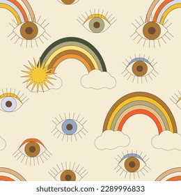 Vector seamless pattern in retro groovy style. Fun rainbow, sun and third eyes in neutral colors perfect for scrapbooking, textile, wrapping paper and stationery for kids and adults
