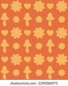 Vector seamless pattern of retro groovy flowers and mushrooms silhouette isolated on orange background