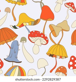 Vector seamless pattern in retro groovy style. Fun mushrooms: toadstool and agarics in bright colors on light blue backdrop perfect for textile, wrapping paper and stationery for kids and adults