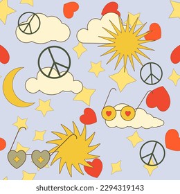 Vector seamless pattern in retro groovy style. Clouds, hearts, eyeglasses on light blue backdrop perfect for scrapbooking, textile, wrapping paper and stationery for kids and adults