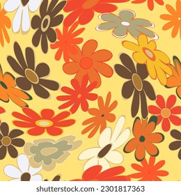 Vector seamless pattern in retro groovy style. Stylized swirled flowers on yellow backdrop perfect for scrapbooking, textile, wrapping paper and stationery for kids and adults