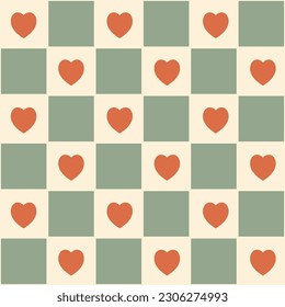 Vector seamless pattern in retro groovy style. Geometric checkerboard with hearts in green and beige perfect for scrapbooking, textile, wrapping paper and stationery for kids and adults