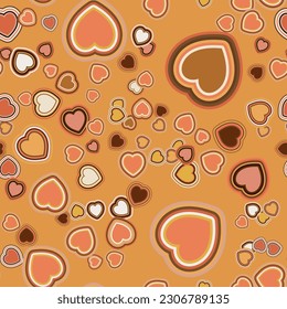 Vector seamless pattern in retro groovy style. Hearts in warm brown colors perfect for scrapbooking, textile, wrapping paper and stationery for kids and adults.