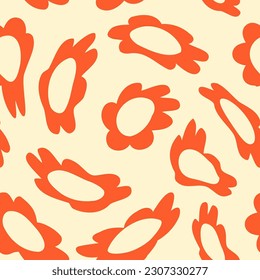 Vector seamless pattern in retro groovy style. Stylized swirled red flowers on light backdrop perfect for scrapbooking, textile, wrapping paper and stationery for kids and adults