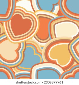 Vector seamless pattern in retro groovy style. Hearts in warm colors perfect for scrapbooking, textile, wrapping paper and stationery for kids and adults.