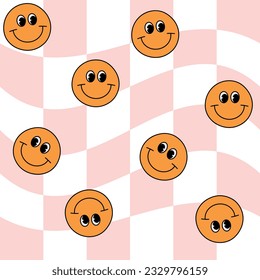 Vector seamless pattern of retro groovy smile isolated on pink checkered chessboard background