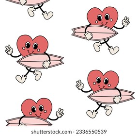 Vector seamless pattern of retro groovy cartoon heart with surf board isolated on white background
