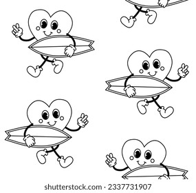 Vektor-nahtloses Muster eines rosafarbenen Cartoon-Herzens mit Surfbrett einzeln auf weißem Hintergrund