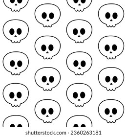 Vector seamless pattern of retro groovy cartoon outline skull isolated on white background