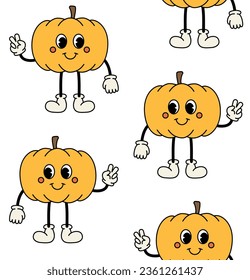 Vector seamless pattern of retro groovy cartoon pumpkin isolated on white background