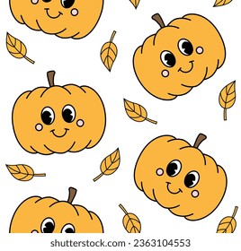 Vector seamless pattern of retro groovy cartoon pumpkin isolated on white background