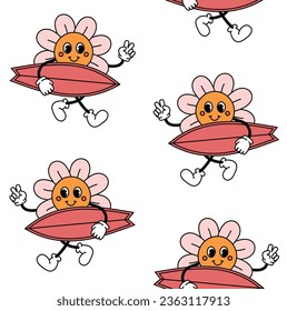 Vector seamless pattern of retro groovy cartoon flower with surf board isolated on white background